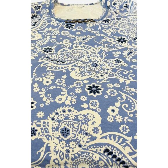 CROFT & BARROW CAP SLV, SCOOP NECK, TUNIC T-SHIRT, WOMENS, M-BLUE/WHITE PAISLEY - Picture 7 of 11